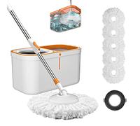 Set mocio rotante e secchio con sistema strizzatore, manico esteso in acciaio inox, 150 cm, per la pulizia del pavimento domestico, con 5 testine di ricambio e 1 testina di pulizia