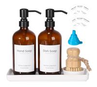 Set Moderno Distributore Di Sapone In Vetro: Pack 2 Distributori Di Sapone Per Mani Per Cucina Con Piattino In Ceramica,Di Distributori Per Il Bagno Ricaricabili Per Decorazione Bagno (Ambra)