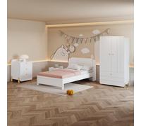 Set moderno Minimalist Complete Bedroom - Letto singolo massiccio 90 x 200 cm, comodino, cassettiera, armadio, ideale per una cameretta dei bambini, stile minimalista moderno (bianco)