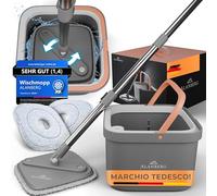 Set Mop Lavapavimenti con Secchio per Pulizia - Sistema a 2 Scomparti per Acqua Pulita e Sporca, Mocio Piatto Autostrizzante con Manico Telescopico e 2 Panni in Microfibra, Grigio - ALANBERG®