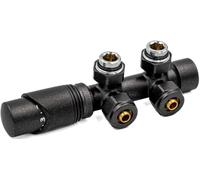 Set Multiblock per radiatori - valvola a squadra con attacco incluso termostato - nero opaco con effetto brillante