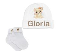 Set Nascita 2 Pezzi Cappellino + Calzini Personalizzabili con Nome e Leoncina Idea Regalo Super Morbido per Neonato Neonata Regali Neonati Prima Infanzia Taglia Unica 3 Colori disponibili