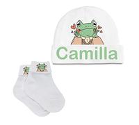 Set Nascita 2 Pezzi Cappellino + Calzini Personalizzabili con Nome e Rana Idea Regalo Super Morbido per Neonato Neonata Regali Neonati Prima Infanzia Taglia Unica 3 Colori disponibili