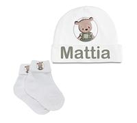 Set Nascita 2 Pezzi Cappellino + Calzini Personalizzati Idea Regalo Super Morbido per Neonato Neonata Regali Neonati e Prima Infanzia Taglia Unica personalizza con nome bebè e orsacchiotto