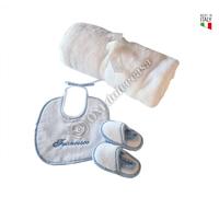 Set Nascita Neonato 0-6 Mesi Bavaglia con Ricamo Nome Ciabattine e Coperta