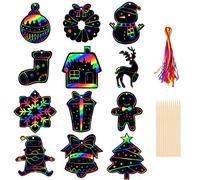 Set Natale Scratch Art Bambini, 36pcs Graffiti Colorati con Corda e Penna di Legno per Decorazioni Albero di Natale, Bambini Regalo