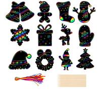 Set Natale Scratch Art Bambini, 36pcs Graffiti Colorati con Corda e Penna di Legno per Decorazioni Albero di Natale, Bambini Regalo