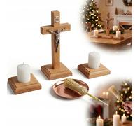 SET NATALIZIO in faggio, 7 pezzi: croce in legno e candele in oro rosa