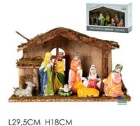 SET NATIVITA' 8 PZ STATUE DEL PRESEPIO SU BASE CON CAPANNA CM 29,5X18 H