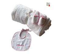 Set Neonato 0-6 Mesi Bavaglia + Ricamo Personalizzato del Nome Ciabatte Coperta
