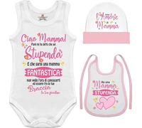 Set neonato 3 mesi femmina 3 pezzi - body canotta canotta, cappellino e bavetta con frasi dolci - Regalo nascita neonata, compleanno e festa della mamma - “Sei stupenda mamma”