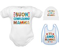 Set Neonato idea regalo compleanno mamma - Body per neonati, Cappellino e Bavetta neonati. Abbigliamento per neonato con Frase body buon compleanno mamma taglia 6-9 mesi