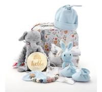 Set Neonato Regalo Nascita,11PCS Nascita Battesimo per Bambini Bambine Personalizzati Cofanetto Peluche Giocattoli Asciugamani Bagno Catena Ciuccio Sonaglio Biglietti Miliari Bavaglini Calzini (Blu)