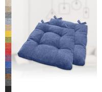 Set of 2 Blue Square Seat Cushions - 40x40x15 cm Cozy Imitation Linen Cushions with Ties for Garden Kitchen or Dining Room Chairs