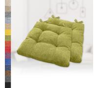 Set of 2 Light Green Square Seat Cushions for Garden Kitchen or Dining Room Chairs - 60x60x6cm Cosy Faux Linen Cushions with Ties for Comfort And Style