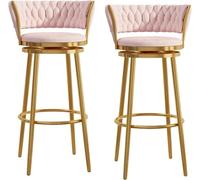 Set of 2 Luxury Velvet Swivel Bar Stools Counter Height Chairs with Curved Woven Back & Footrest Stylish Pink & Gold Metal Legs for Home Bar & Kitchen Island (65 cm)