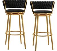 Set of 2 Luxury Velvet Swivel Bar Stools Counter Height Chairs with Curved Woven Back & Footrest Stylish Black & Gold Metal Legs for Home Bar & Kitchen Island (65 cm)