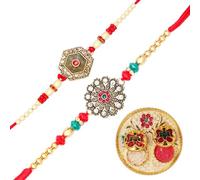 Set of 2 Rakhi For Brother Rakhi for Bhai Bhaiya Veera Rakhi Thread Bracelet Dora for Raksha Bandhan gift pack with Tilak Holder Copra Kumkum Plate Platter for Puja Indian Traditional Festival Rakhi