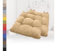 Set of 2 Square Seat Cushions 50x50x8 cm Cozy Imitation Linen Cushions with Ties Garden Kitchen or Dining Room Chairs Yellowish Brown Color