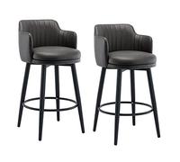 Set of 2 Swivel Bar Stools with Back & Arms Nappa Leather Upholstery Counter Height Metal Legs & Footrest for Kitchen Island Pub Home Bar Dining Room Gray