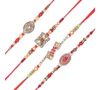 Set of 4 Rakhi for Brother Thread Bracelet for Bhai Bhabhi Bhaiya veera Raksha Bandhan Dora Set Bracelet with Rakhi Gift Card Pack for Brother Sister Indian Traditional Raksha Bandhan Festival