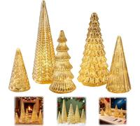 Set of 5 Illuminated Mercury Glass Trees,Crackled Glass Tabletop Christmas Tree,Decorations Tree Figurine with Warm LED Glow for Mantel,Centerpiece,Party & Holiday Decor (Gold)