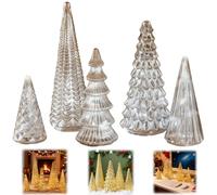 Set of 5 Illuminated Mercury Glass Trees,Crackled Glass Tabletop Christmas Tree,Decorations Tree Figurine with Warm LED Glow for Mantel,Centerpiece,Party & Holiday Decor (Silver)