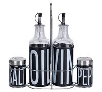 Set olio, aceto, sale e pepe in vetro e acciaio inox, stand ferro, Bigismore