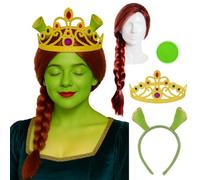 Set orco da principessa, parrucca rossa a treccia, fascia per capelli con orecchie da orco, corona regolabile e set di pittura per viso verde, kit di accessori per travestimenti da film da favola per