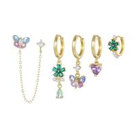 Set Orecchini A 5 Pezzi Placcati In Oro, Orecchini A Goccia Colorati A Cuore Con CZ Viola, Fiori Verdi E Borchie A Farfalla, Polsini Aureo A Cerchio Con Perla Da Donna