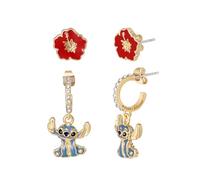 Set Orecchini a Cerchio Disney Lilo e Stitch - Orecchini Pendenti in Ottone con Fiori di Ibisco Smaltati e Cuciture - Licenza ufficiale