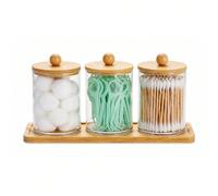 Set organizer per bastoncini di cotone e dischetti di cotone, set di stoccaggio per il piano del bagno (include vassoio in bambù, portabastoncini di cotone, barattolo per palline di cotone e dispenser