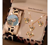Set orologio da donna, cinturino in PU con stampa leopardata, set di collana, orecchini e anello di moda, adatto per le donne da indossare a feste, festival, compleanni o come regalo per le sorelle, i