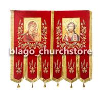 Set ortodosso di striscioni rossi della chiesa ricamati Salvatore e Madre di Dio