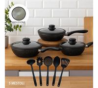 Set Padelle Induzione Pietra Antiaderenti 20/24/28 cm con Coperchi e 5mestoli