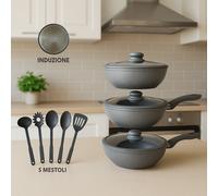 Set Padelle Induzione Pietra Antiaderenti 20/24/28 cm con Coperchi e 5mestoli