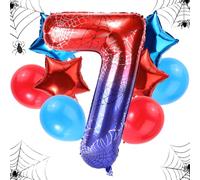 Set Palloncini Compleanno Ragno, Ragnatela Gigante Lamina 120cm e 4pz Stella e 4pz Palloncini Rotondi Rosso-Blu Decorazioni Bomboniere Feste Compleanno Cartone Animato(Numero 7)