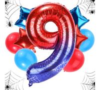 Set Palloncini Compleanno Ragno, Ragnatela Gigante Lamina 120cm e 4pz Stella e 4pz Palloncini Rotondi Rosso-Blu Decorazioni Bomboniere Feste Compleanno Cartone Animato(Numero 9)