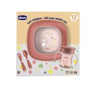 Chicco Set Pappa Svezzamento 12M+ Completo, Kit con Tazza, Ciotola e Piatto Piano Antiscivolo, Forchetta e Cucchiaio Ergonomici, Stoviglie Bambina Colore Rosa, Idea Regalo 0% BPA