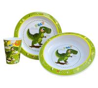 Set pappa Dinosauri, 3 pezzi, piatto piano, piatto fondo, bicchiere, stoviglie in plastica riutilizzabile, adatto al microonde
