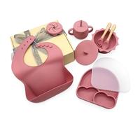 Set Pappa Svezzamento Montessori in Silicone Alimentare | Piatto Antiscivolo con Tappo, Ciotola con Coperchio Termico, Posate in Legno, Bavaglio Regolabile, Bicchiere Evolutivo con Cannuccia