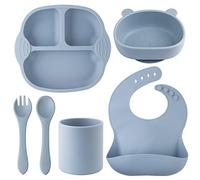 Set Pappa Svezzamento per Bambini, 6 Pezzi Silicone Piatto con Ventosa Ciotola, Tazza,Cucchiaio e Forchetta, Bavaglino Silicone, Antiscivolo Senza BPA,lavastoviglie e cassaforte a microonde,Beige