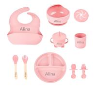 Set Pappa Svezzamento per Bambini in Silicone Personalizzato,Set Pappa Antiscivolo con Ventosa Piatto Ciotola Cucchiaio Forchetta Tazza Bavaglino,Adatto al microonde e alla lavastoviglie
