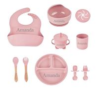 Set Pappa Svezzamento per Bambini in Silicone Personalizzato,Set Pappa Antiscivolo con Ventosa Piatto Ciotola Cucchiaio Forchetta Tazza Bavaglino,Adatto al microonde e alla lavastoviglie