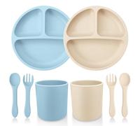 Set Pappa Svezzamento,Set di 8 Piatti per Bambini,2 Piatto Svezzamento, 2 Cucchiai, 2 Forchette, 2 Tazze,Piatto con Ventosa per Neonati in Silicone, Set di Posate per Lo Svezzamento e L'Alimentazione