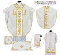 Set paramenti e massa BIANCO per casula stile San Filippo Neri, ricamo Agnus Dei