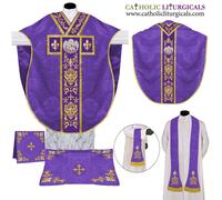 Set paramenti e massa stile San Filippo Neri casula viola, ricamo PELICAN