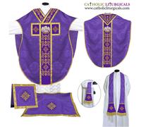 Set paramenti e massa stile San Filippo Neri casula viola, ricamo PELICAN