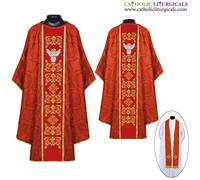 Set paramenti e stole gotiche rosse con ricamo HOLY SPIRIT, casula, NUOVO