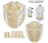 Set paramento e massa stile San Filippo Neri casula oro metallizzato, ricamo IHS